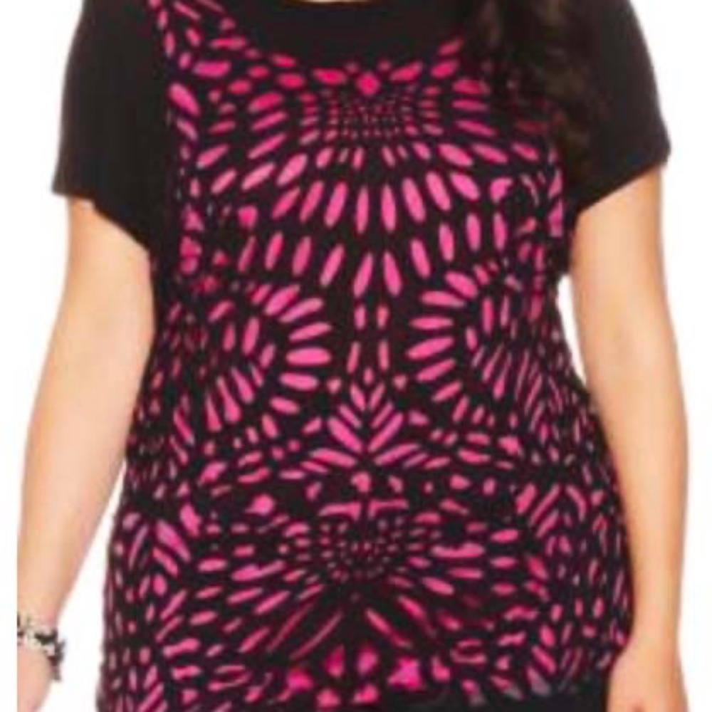 LASER CUTOUT TOP, DEEP ORCHID, SIZE 4X, VISCOSE, SHORT SLEEVES, BACK BUTTON CLOS